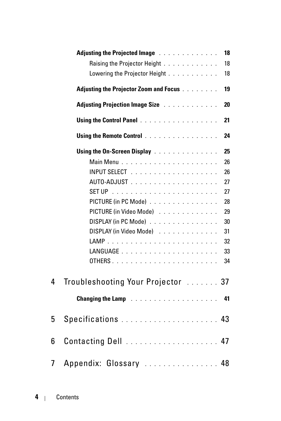 4 troubleshooting your projector 37, 5 specifications 43, 6 contacting dell 47 | 7 appendix: glossary 48, 4 troubleshooting your projector, 5 specifications, 43 6 contacting dell, 47 7 appendix: glossary | Dell 1609WX Projector User Manual | Page 4 / 53