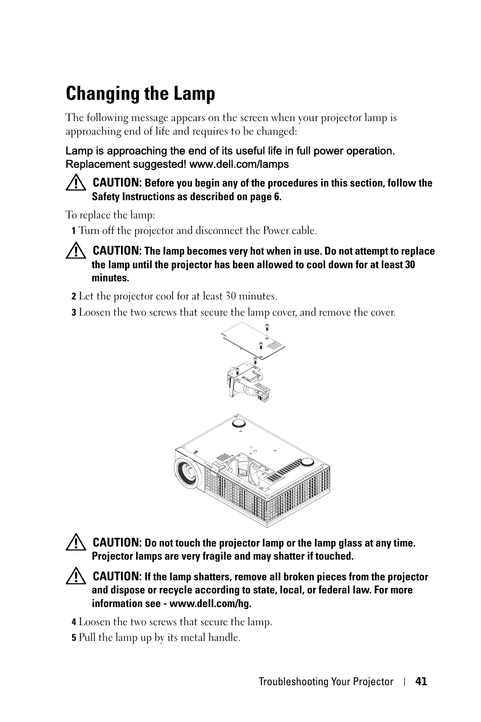 Changing the lamp, Changing the lamp on | Dell 1609WX Projector User Manual | Page 41 / 53