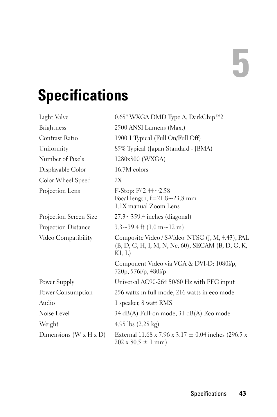 Specifications | Dell 1609WX Projector User Manual | Page 43 / 53
