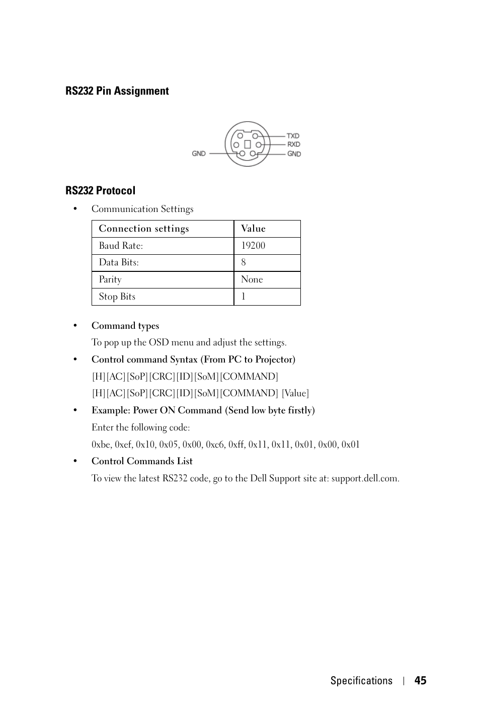 Rs232 pin assignment, Rs232 protocol | Dell 1609WX Projector User Manual | Page 45 / 53