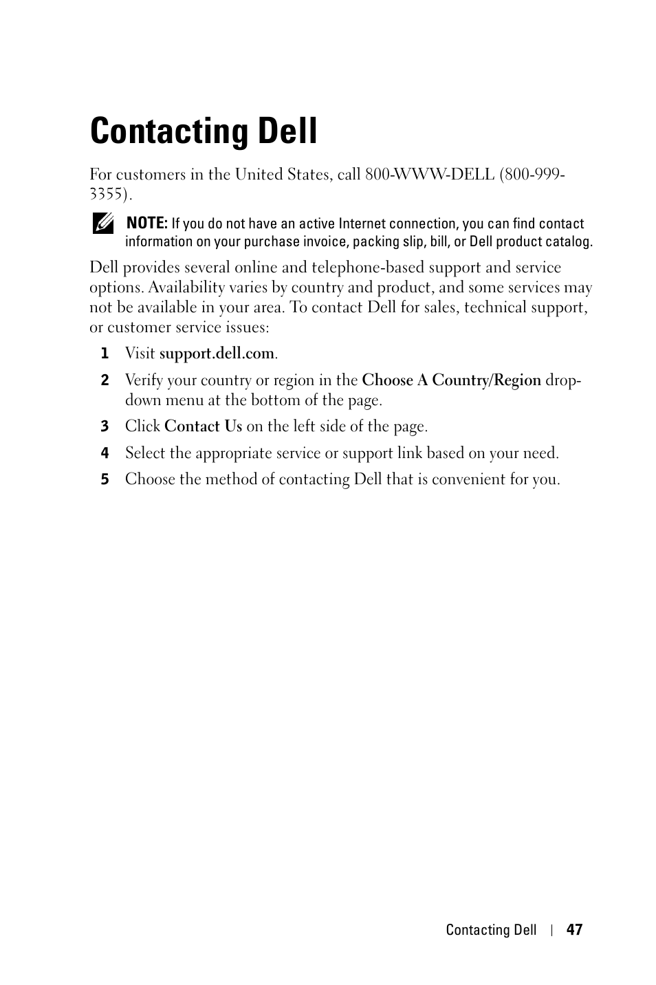 Contacting dell, Contacting, See contacting | Dell 1609WX Projector User Manual | Page 47 / 53