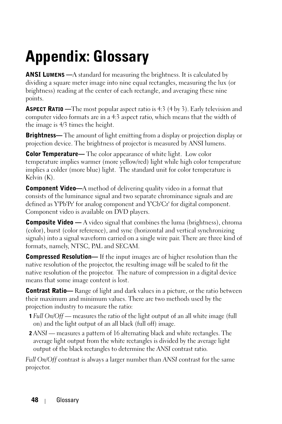 Appendix: glossary, Appendix, Glossary | Dell 1609WX Projector User Manual | Page 48 / 53