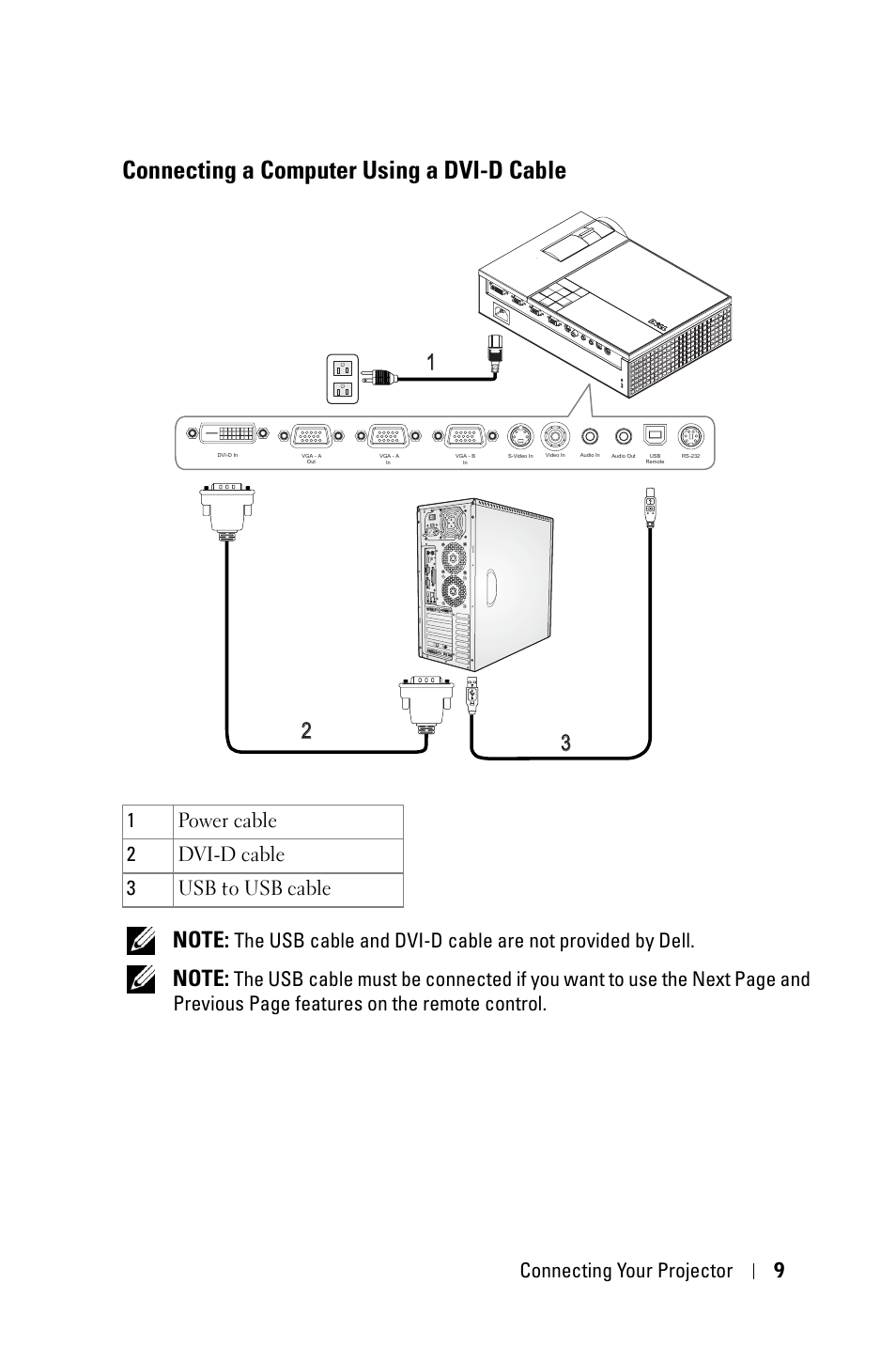 Connecting a computer using a dvi-d cable, Connecting your projector 9 | Dell 1609WX Projector User Manual | Page 9 / 53