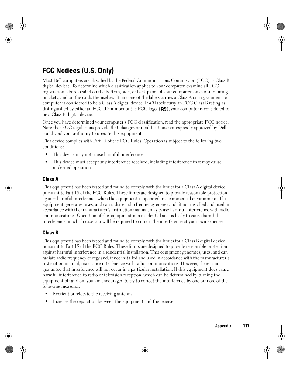 Fcc notices (u.s. only), Class a, Class b | Dell Inspiron 9200 User Manual | Page 117 / 122