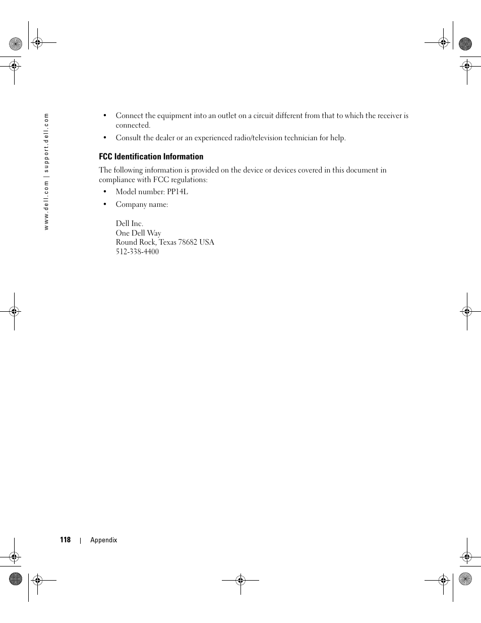 Fcc identification information | Dell Inspiron 9200 User Manual | Page 118 / 122