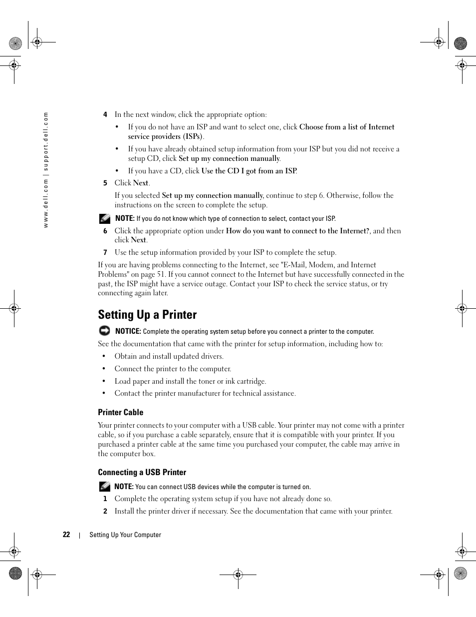 Setting up a printer, Printer cable, Connecting a usb printer | Dell Inspiron 9200 User Manual | Page 22 / 122