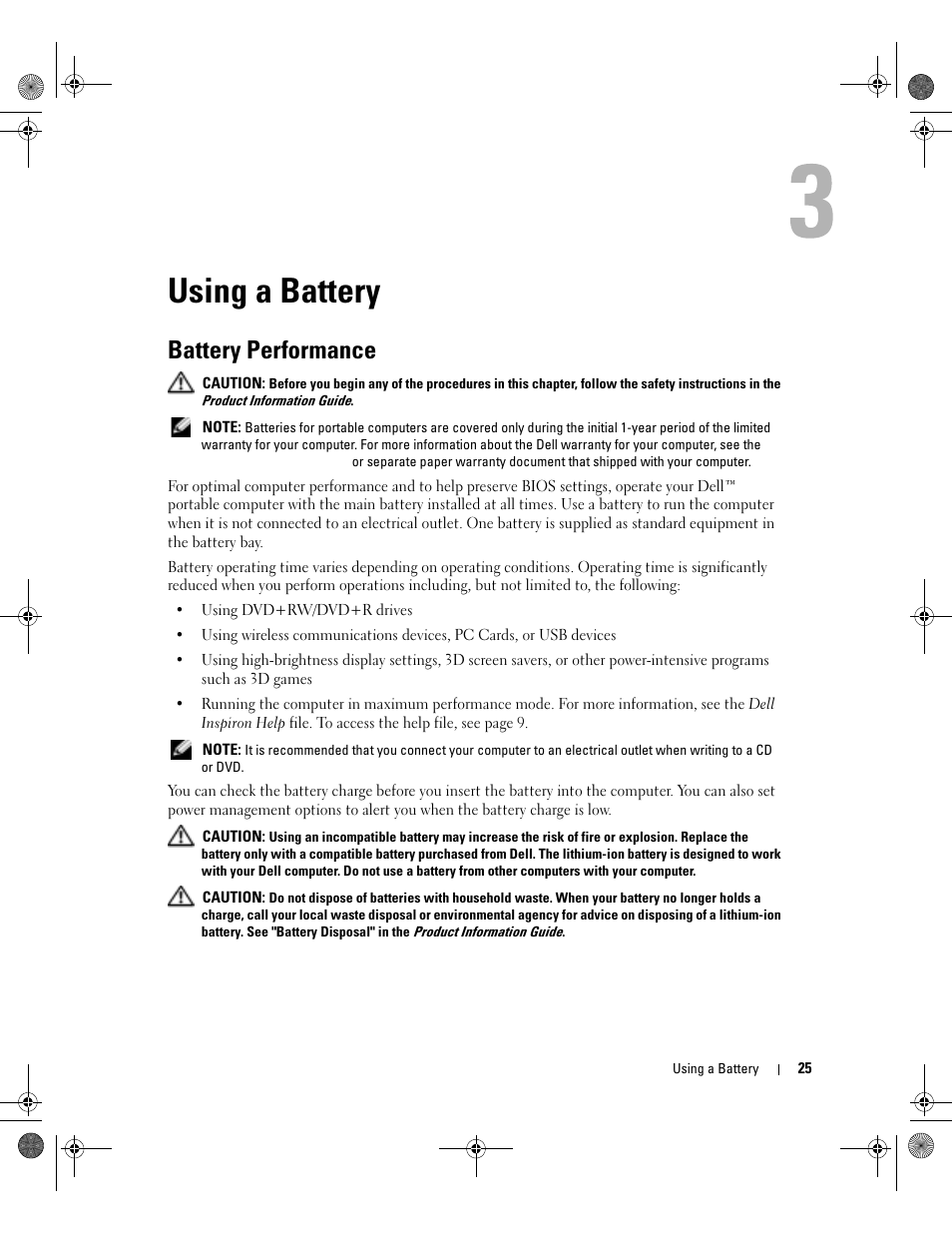 Using a battery, Battery performance | Dell Inspiron 9200 User Manual | Page 25 / 122