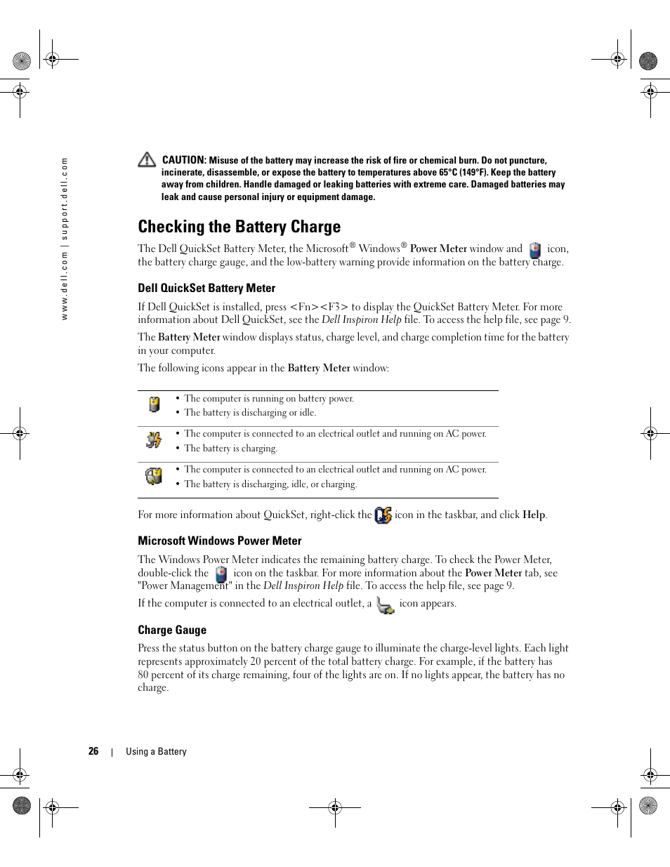 Checking the battery charge, Dell quickset battery meter, Microsoft windows power meter | Charge gauge, You can check the battery charge before you insert | Dell Inspiron 9200 User Manual | Page 26 / 122