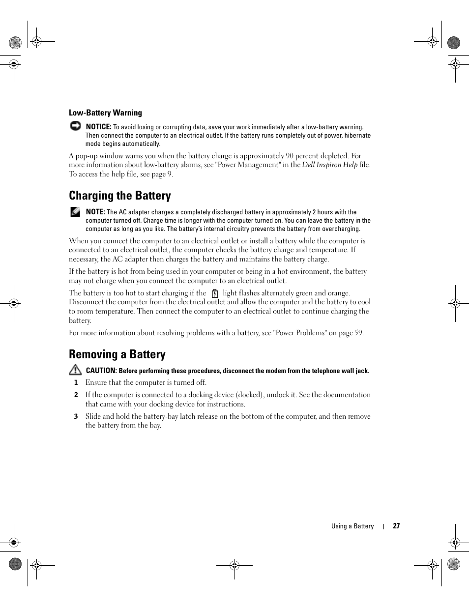 Low-battery warning, Charging the battery, Removing a battery | Ge is low | Dell Inspiron 9200 User Manual | Page 27 / 122