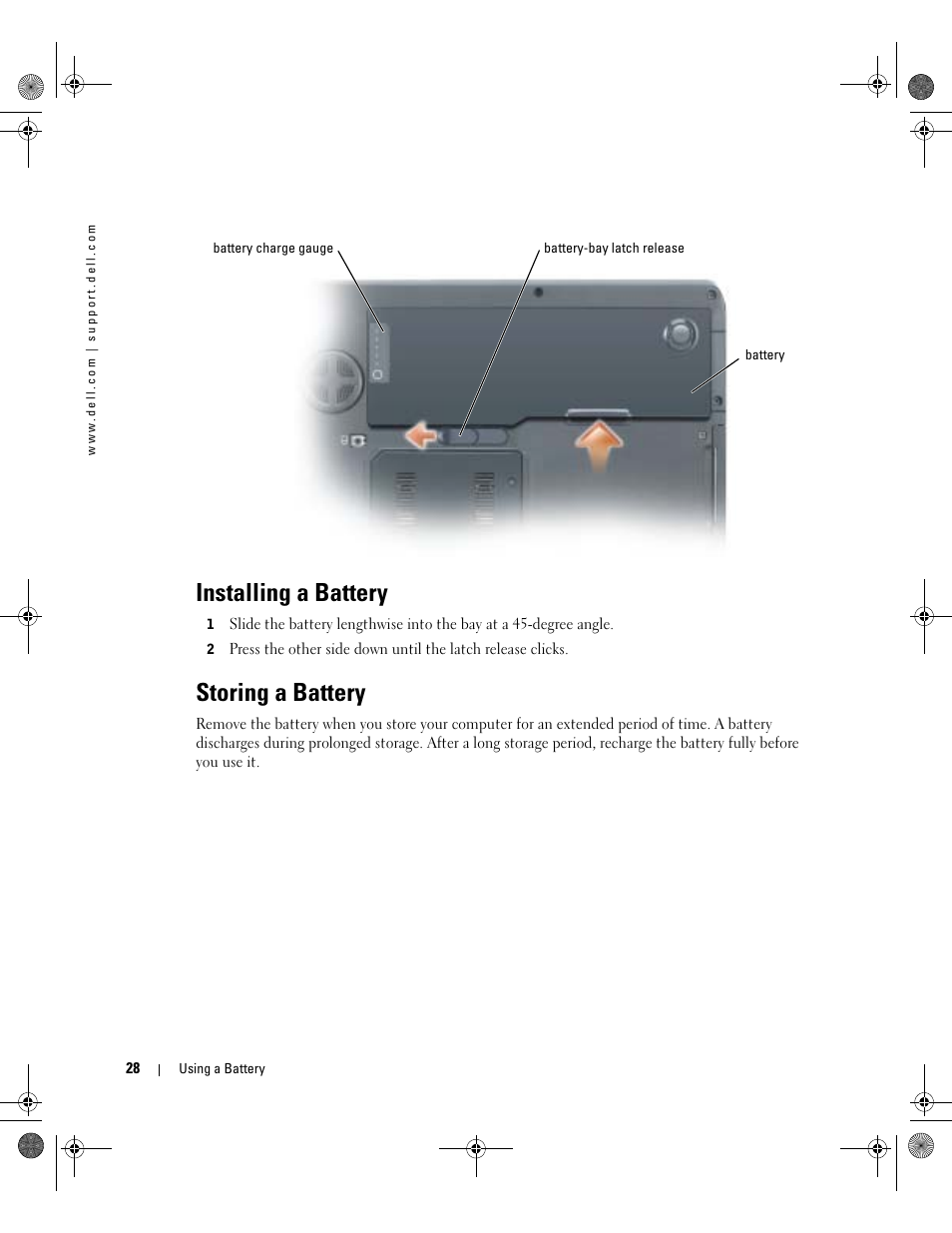 Installing a battery, Storing a battery | Dell Inspiron 9200 User Manual | Page 28 / 122