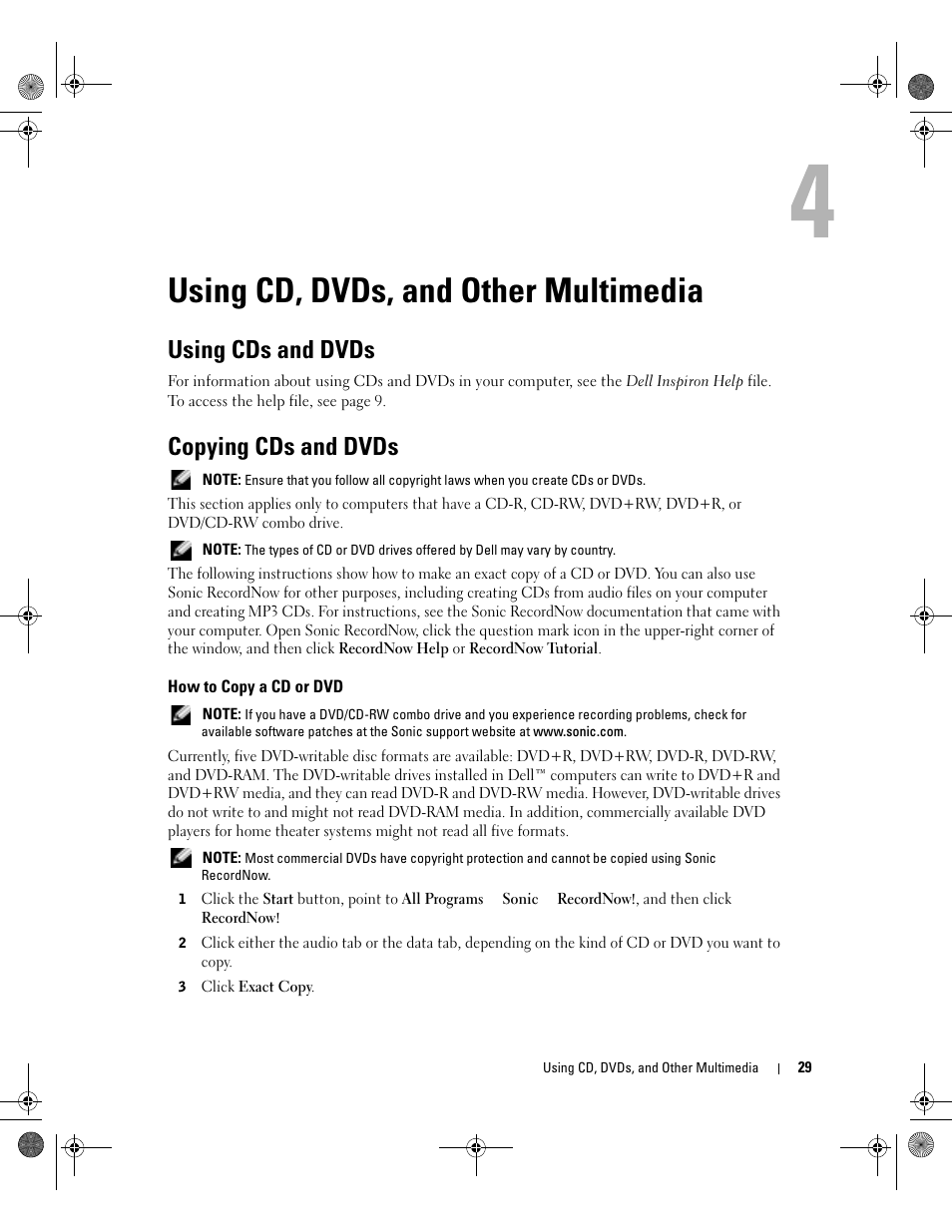 Using cd, dvds, and other multimedia, Using cds and dvds, Copying cds and dvds | How to copy a cd or dvd | Dell Inspiron 9200 User Manual | Page 29 / 122