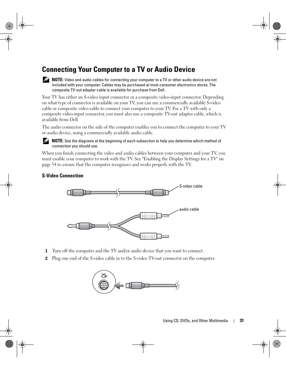 Connecting your computer to a tv or audio device, S-video connection | Dell Inspiron 9200 User Manual | Page 31 / 122