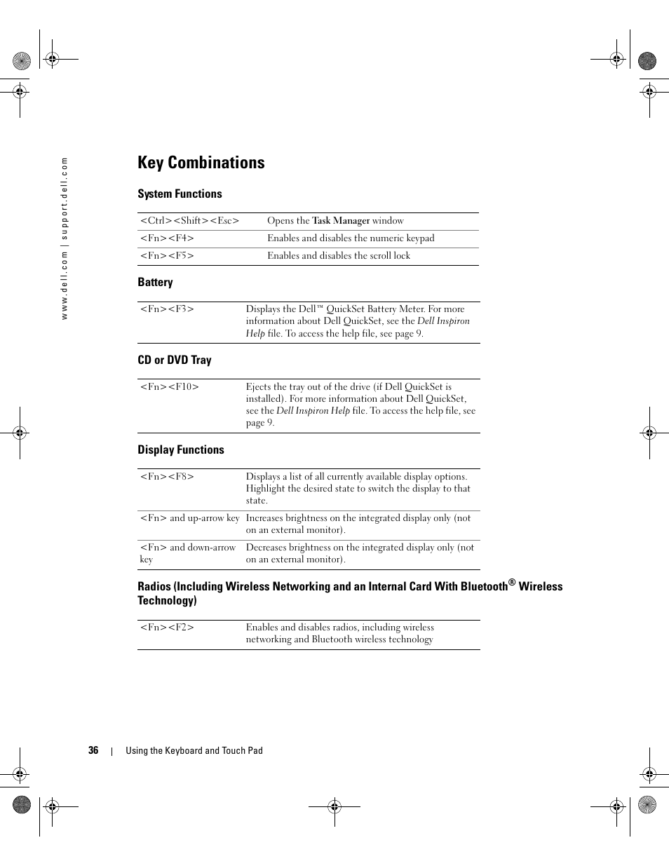 Key combinations, System functions, Battery | Cd or dvd tray, Display functions | Dell Inspiron 9200 User Manual | Page 36 / 122