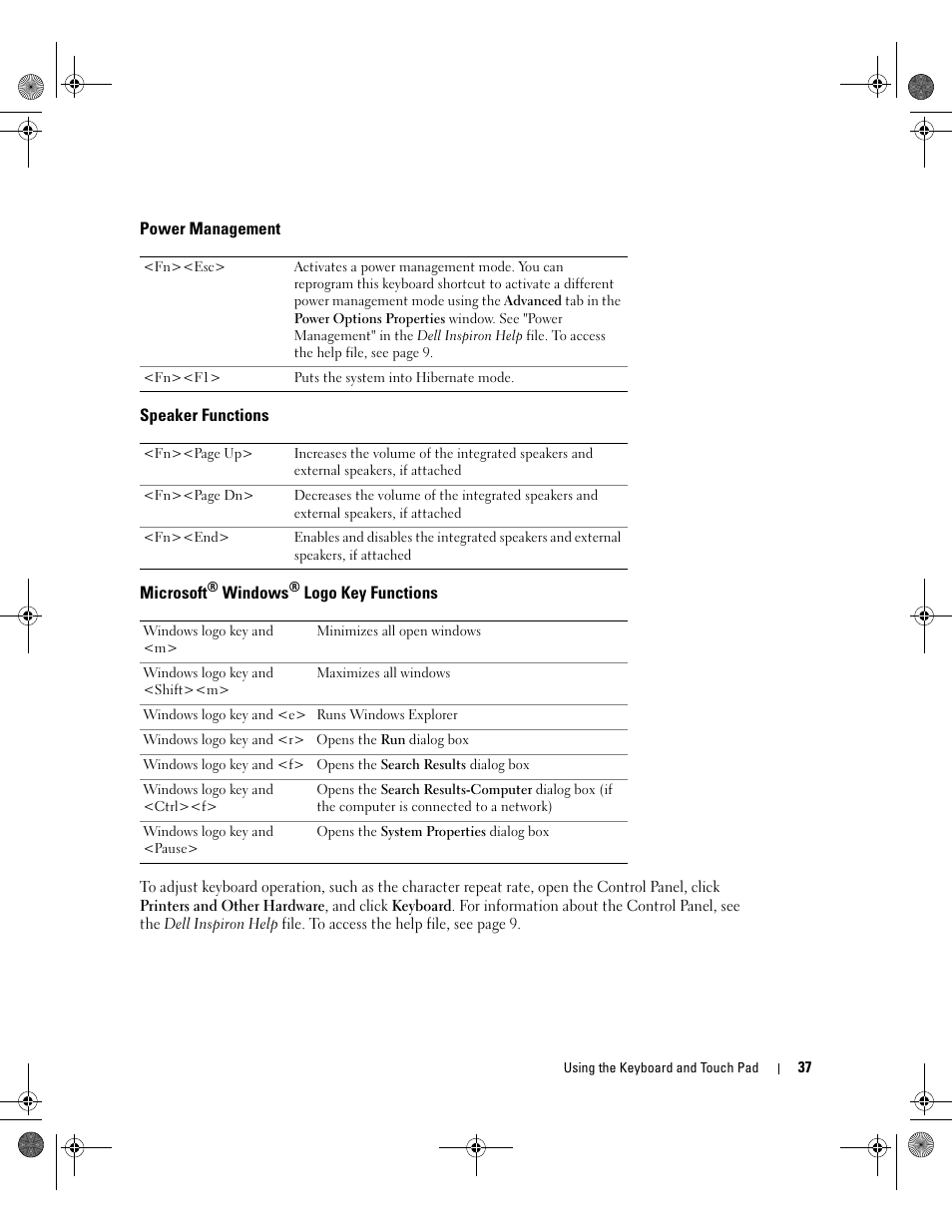 Power management, Speaker functions, Microsoft® windows® logo key functions | Microsoft | Dell Inspiron 9200 User Manual | Page 37 / 122