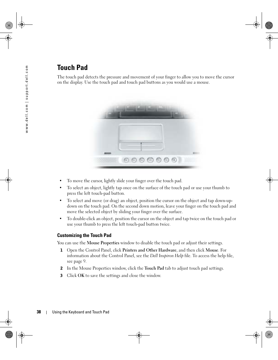 Touch pad, Customizing the touch pad | Dell Inspiron 9200 User Manual | Page 38 / 122
