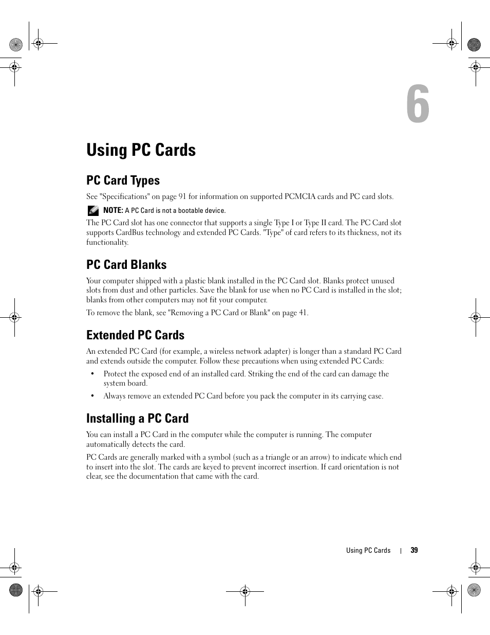 Using pc cards, Pc card types, Pc card blanks | Extended pc cards, Installing a pc card | Dell Inspiron 9200 User Manual | Page 39 / 122