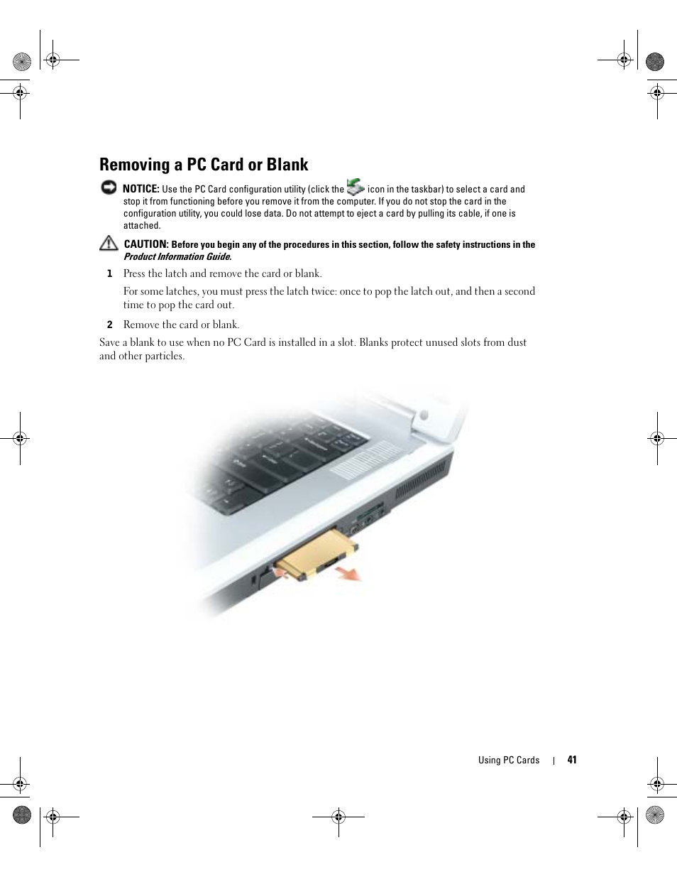 Removing a pc card or blank | Dell Inspiron 9200 User Manual | Page 41 / 122