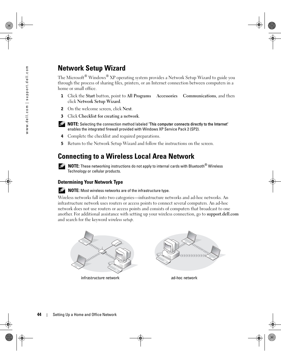 Network setup wizard, Connecting to a wireless local area network, Determining your network type | Dell Inspiron 9200 User Manual | Page 44 / 122