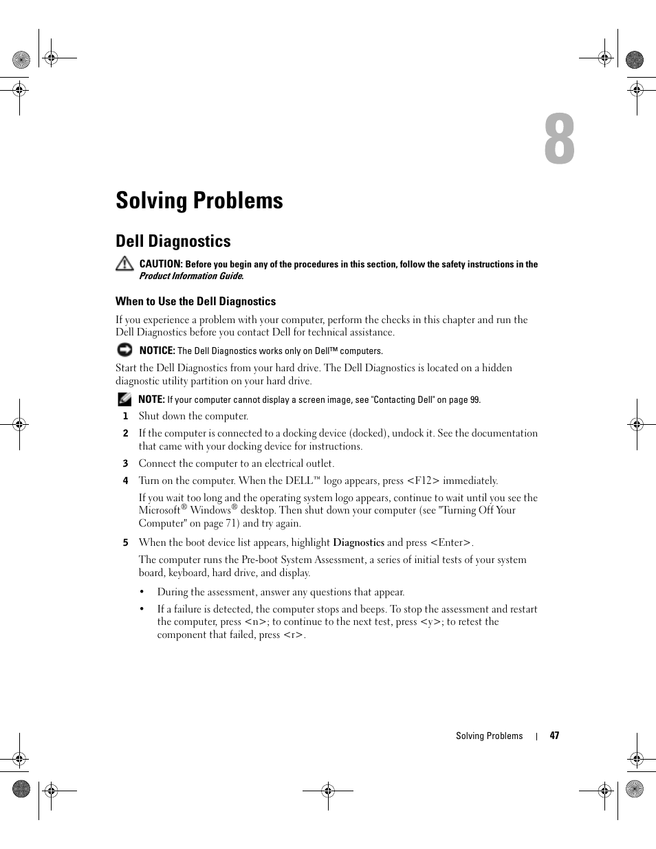 Solving problems, Dell diagnostics, When to use the dell diagnostics | Dell Inspiron 9200 User Manual | Page 47 / 122