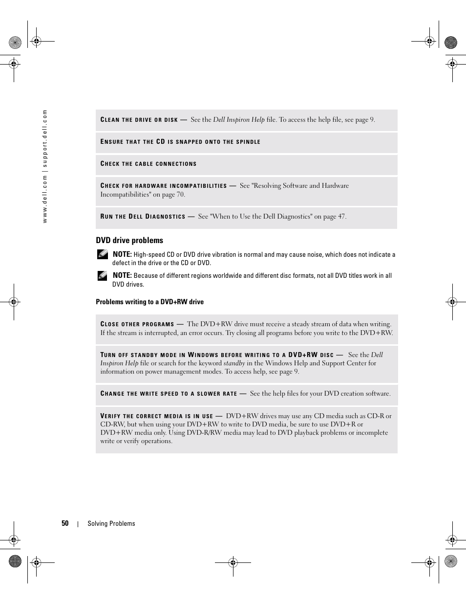 Dvd drive problems | Dell Inspiron 9200 User Manual | Page 50 / 122