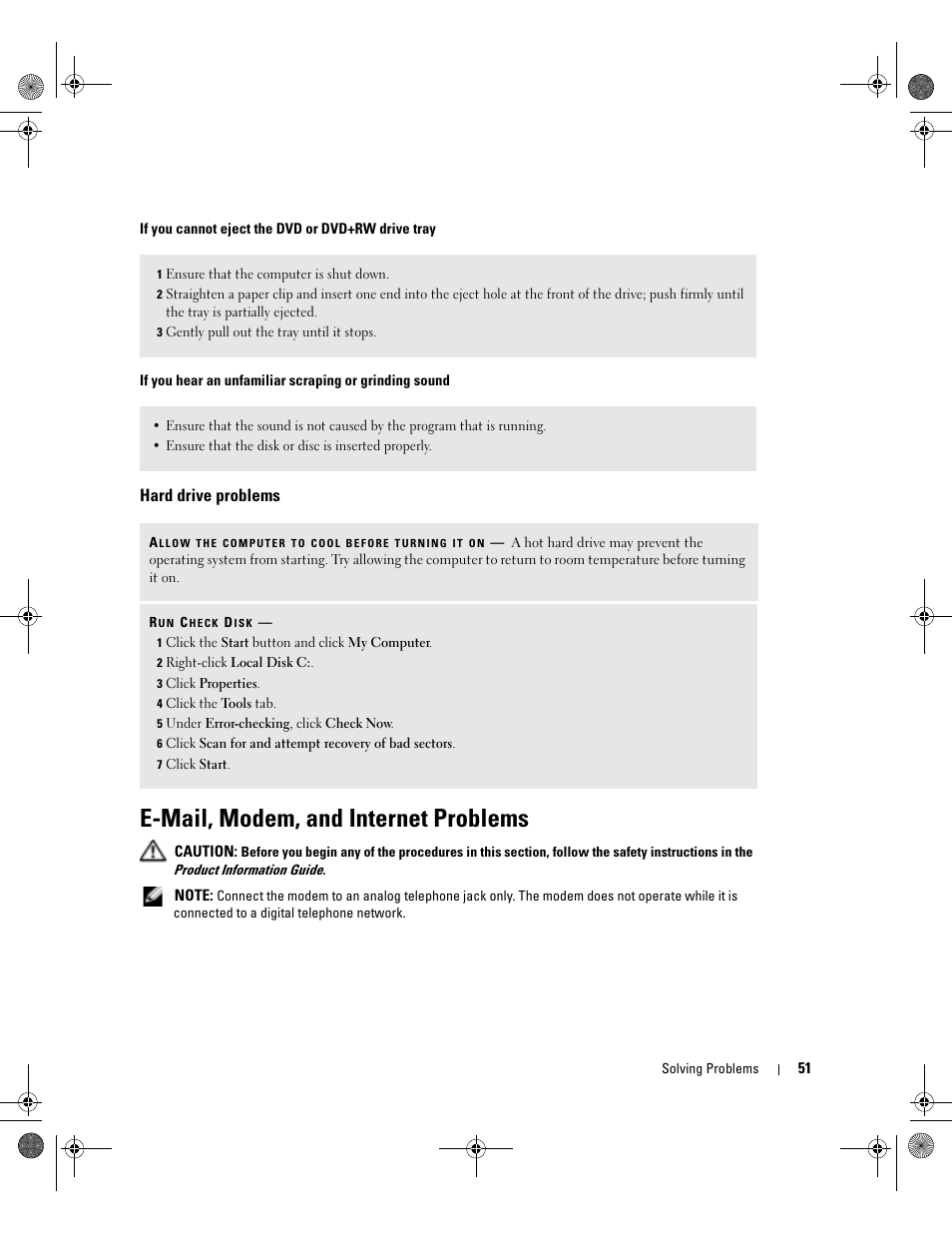 Hard drive problems, E-mail, modem, and internet problems | Dell Inspiron 9200 User Manual | Page 51 / 122