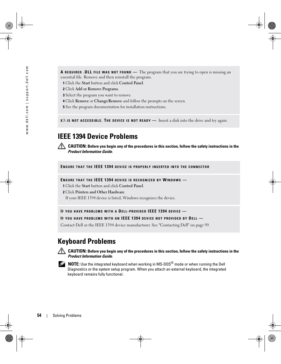 Ieee 1394 device problems, Keyboard problems | Dell Inspiron 9200 User Manual | Page 54 / 122