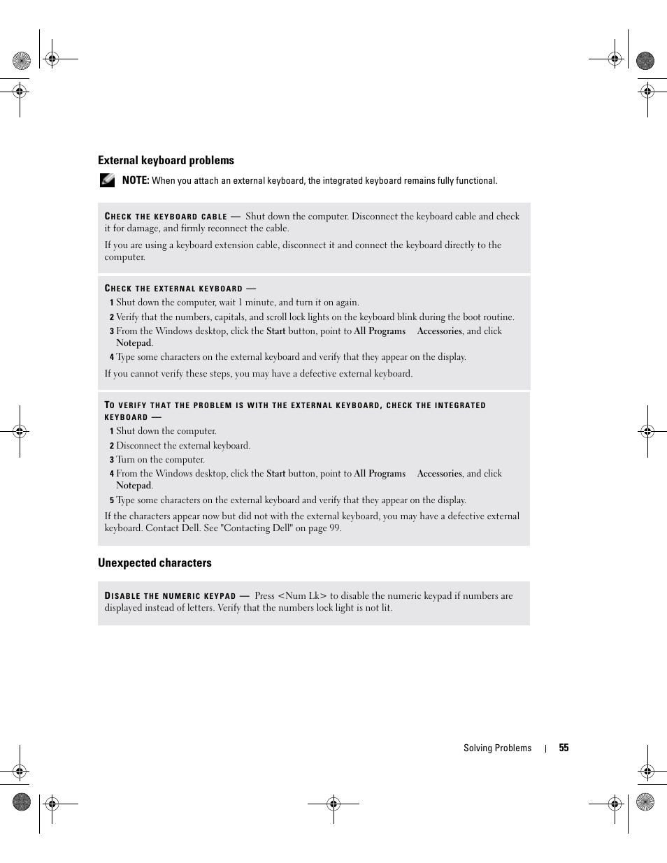 External keyboard problems, Unexpected characters | Dell Inspiron 9200 User Manual | Page 55 / 122
