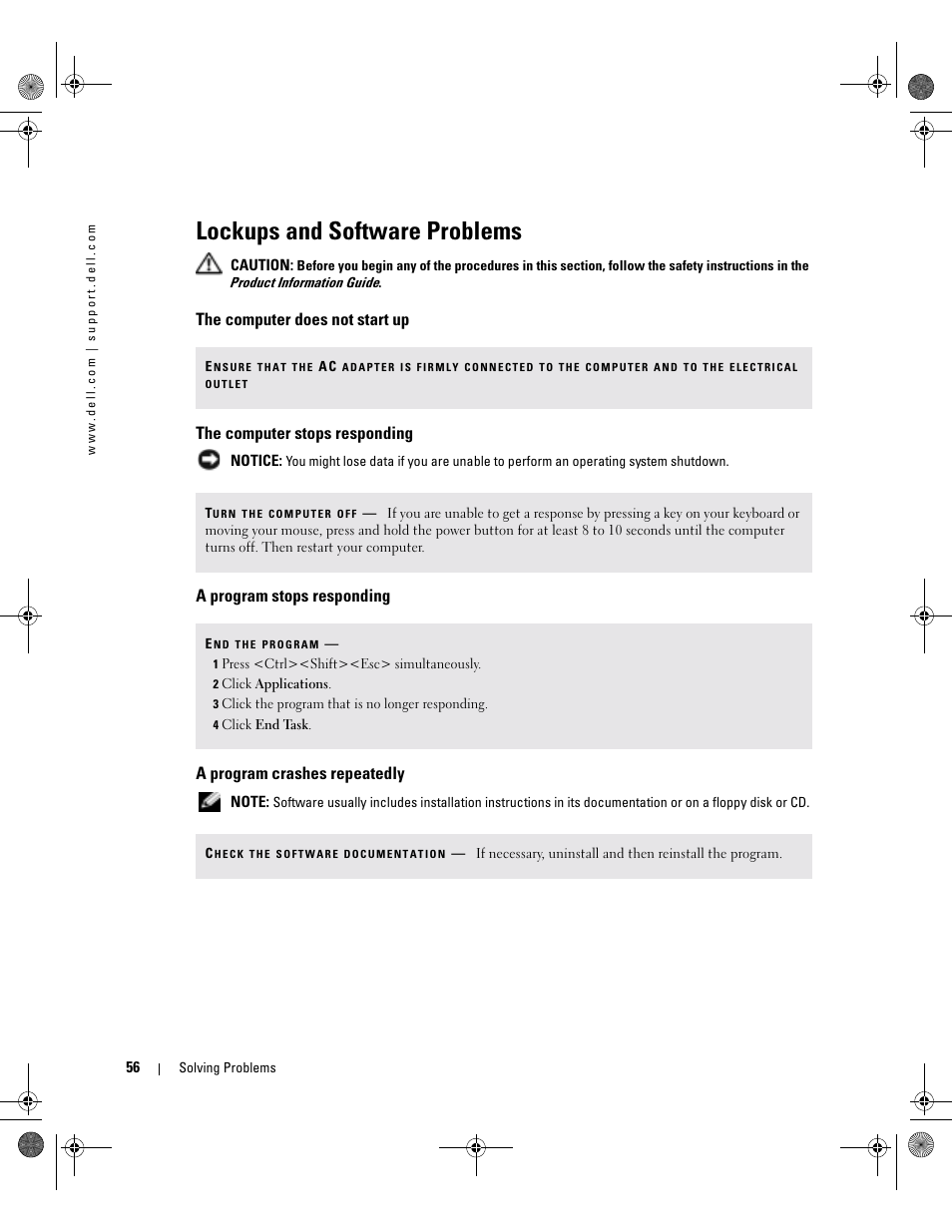 Lockups and software problems, The computer does not start up, The computer stops responding | A program stops responding, A program crashes repeatedly | Dell Inspiron 9200 User Manual | Page 56 / 122