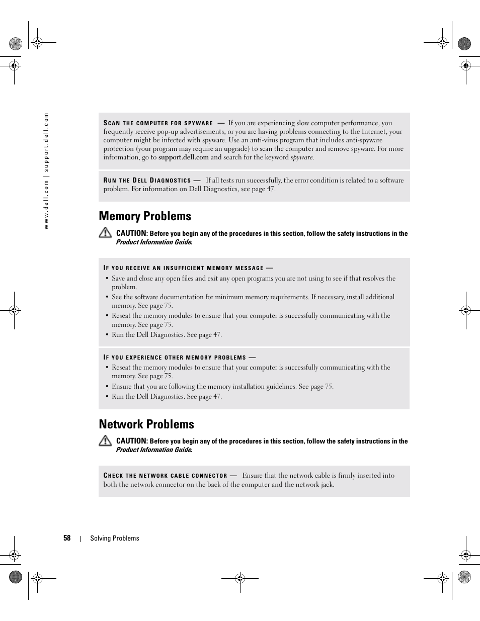 Memory problems, Network problems | Dell Inspiron 9200 User Manual | Page 58 / 122