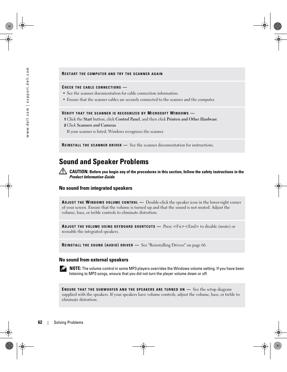 Sound and speaker problems, No sound from integrated speakers, No sound from external speakers | Dell Inspiron 9200 User Manual | Page 62 / 122