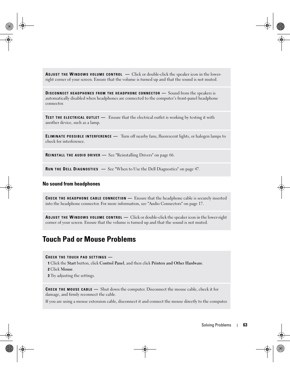 No sound from headphones, Touch pad or mouse problems | Dell Inspiron 9200 User Manual | Page 63 / 122