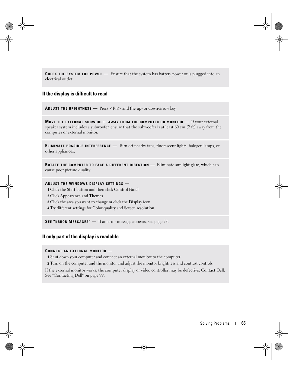 If the display is difficult to read, If only part of the display is readable | Dell Inspiron 9200 User Manual | Page 65 / 122