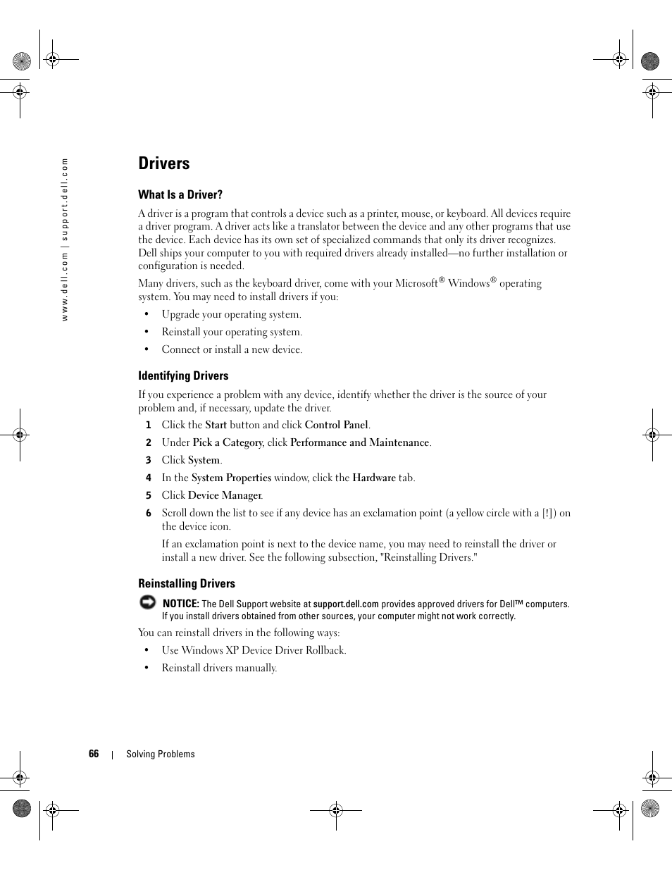 Drivers, What is a driver, Identifying drivers | Reinstalling drivers | Dell Inspiron 9200 User Manual | Page 66 / 122