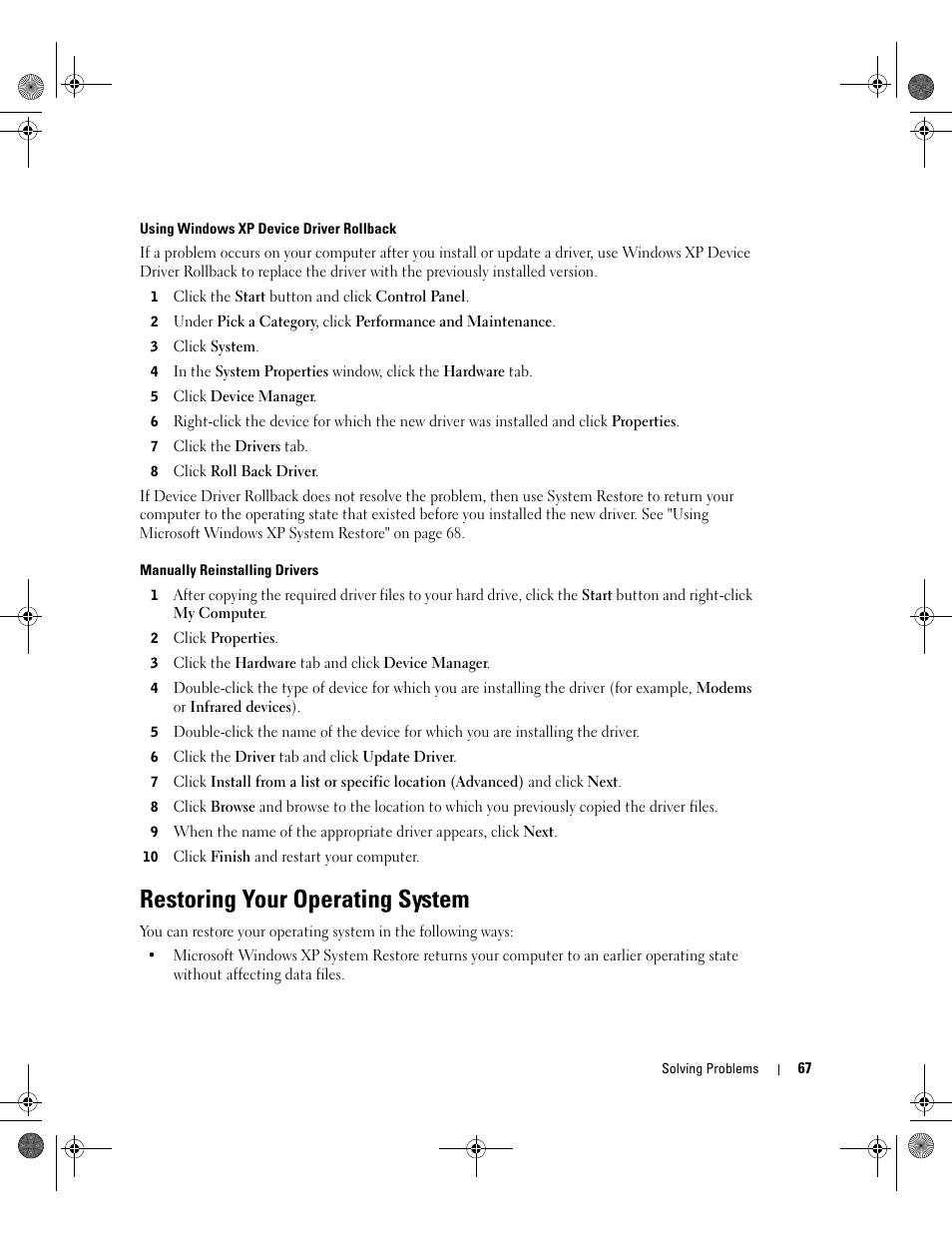 Restoring your operating system | Dell Inspiron 9200 User Manual | Page 67 / 122