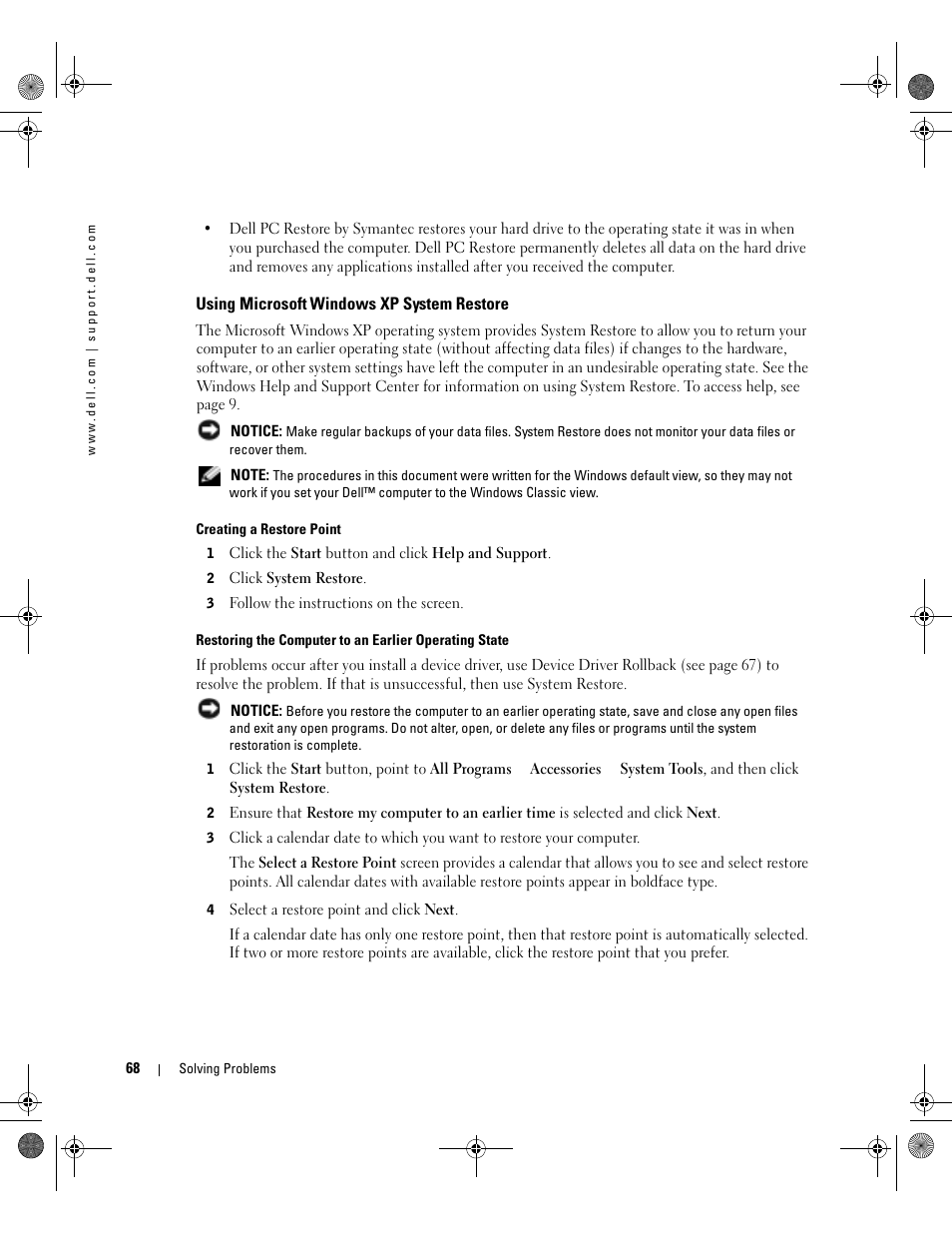 Using microsoft windows xp system restore, Using microsoft | Dell Inspiron 9200 User Manual | Page 68 / 122