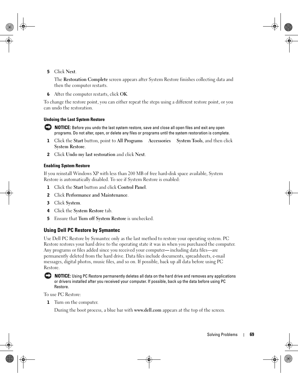 Using dell pc restore by symantec | Dell Inspiron 9200 User Manual | Page 69 / 122