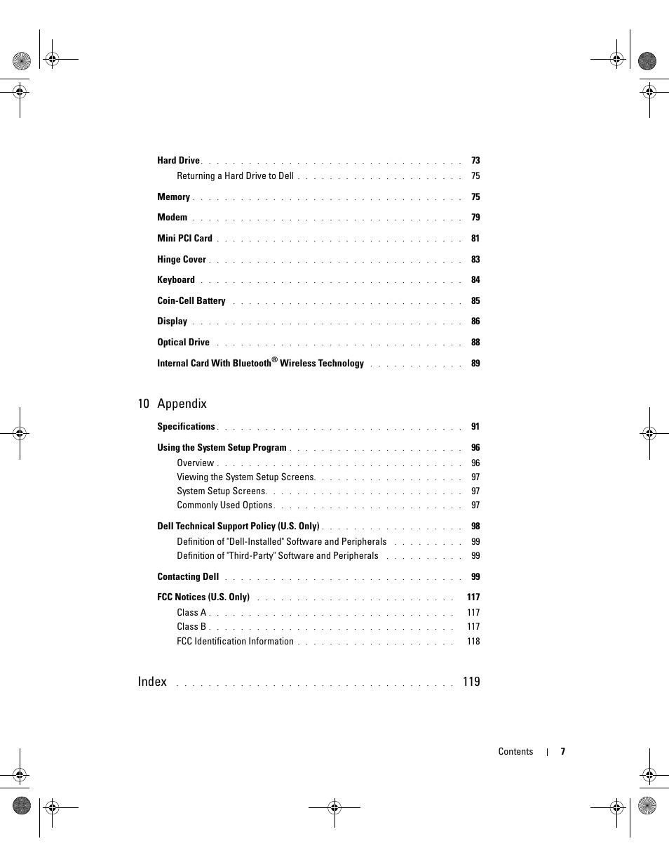 10 appendix, Index | Dell Inspiron 9200 User Manual | Page 7 / 122