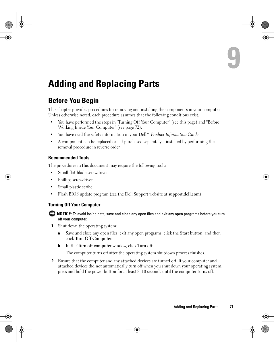 Adding and replacing parts, Before you begin, Recommended tools | Turning off your computer | Dell Inspiron 9200 User Manual | Page 71 / 122