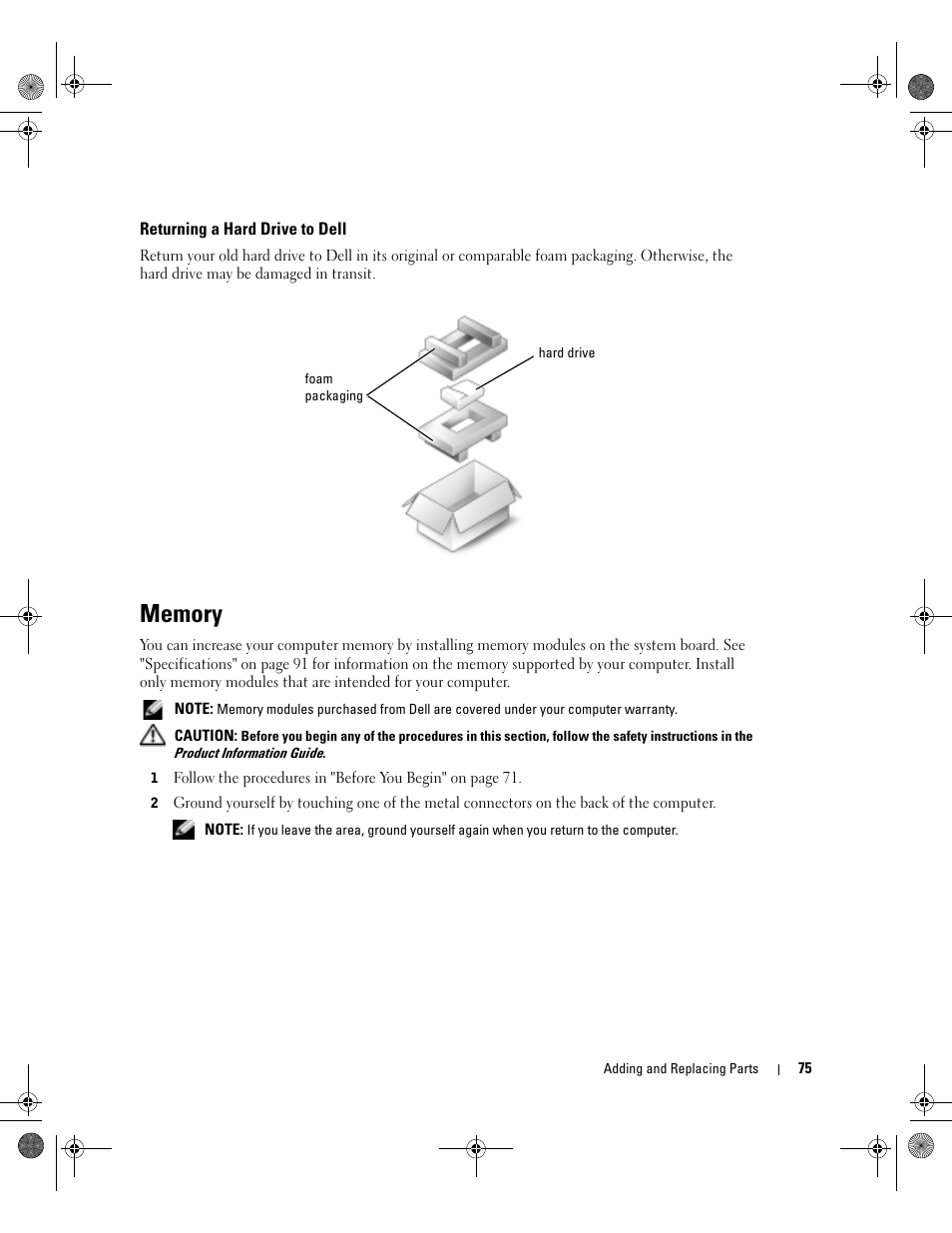 Returning a hard drive to dell, Memory | Dell Inspiron 9200 User Manual | Page 75 / 122