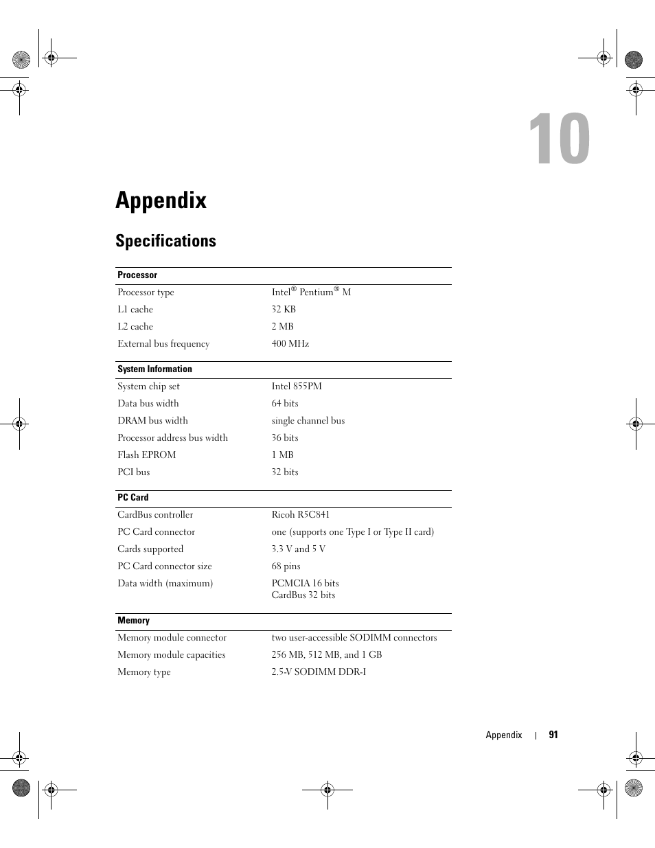 Appendix, Specifications, 10 appendix | Dell Inspiron 9200 User Manual | Page 91 / 122