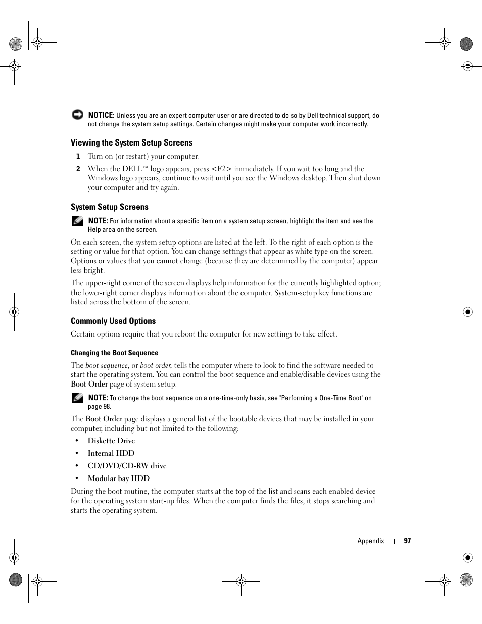 Viewing the system setup screens, System setup screens, Commonly used options | Dell Inspiron 9200 User Manual | Page 97 / 122