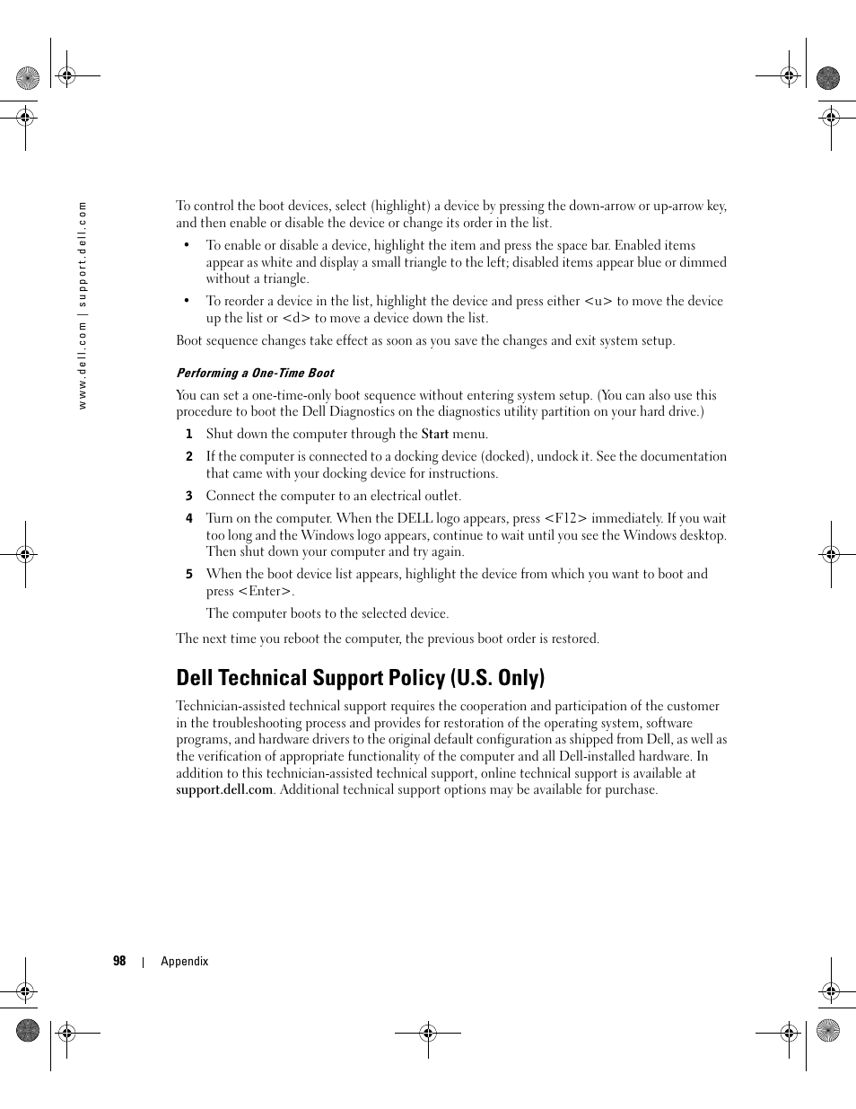 Dell technical support policy (u.s. only) | Dell Inspiron 9200 User Manual | Page 98 / 122