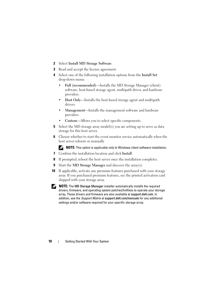 2 select install md storage software, 3 read and accept the license agreement | Dell PowerVault MD3220 User Manual | Page 12 / 76