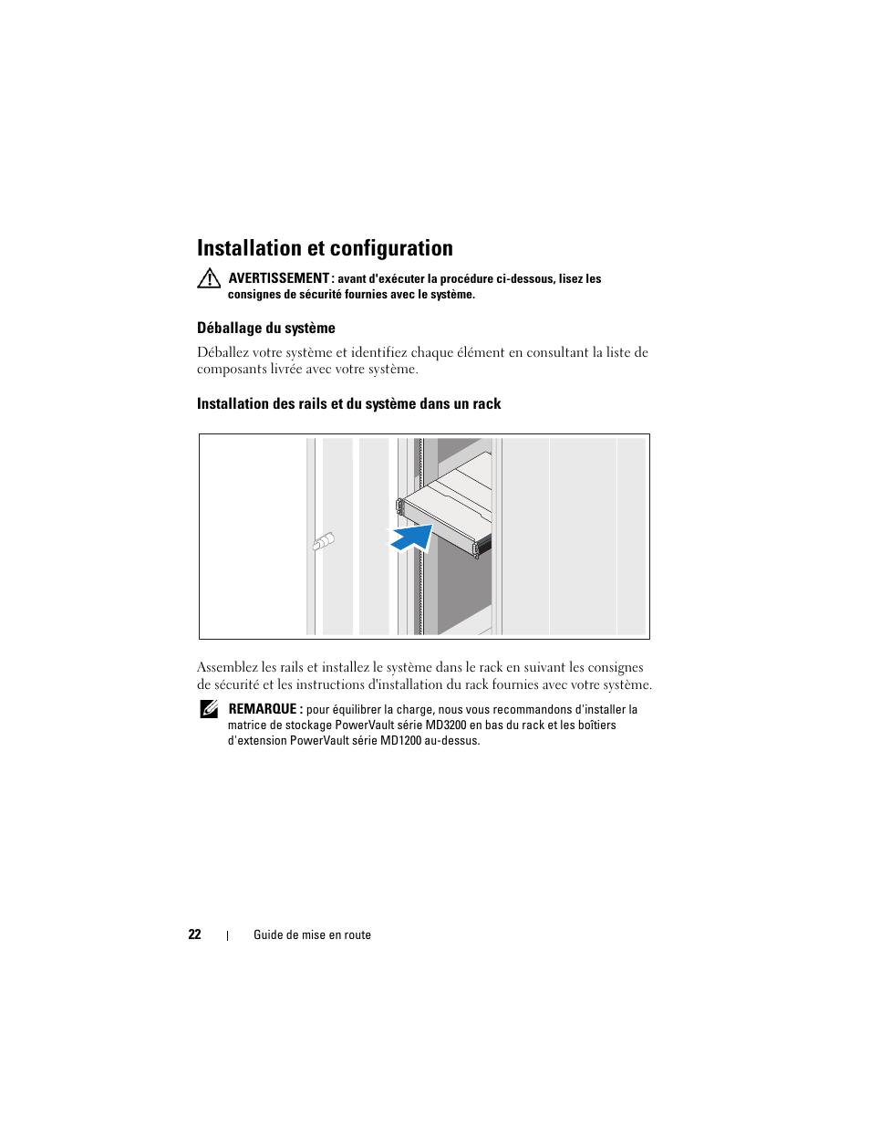 Installation et configuration, Déballage du système, Installation des rails et du système dans un rack | Dell PowerVault MD3220 User Manual | Page 24 / 76