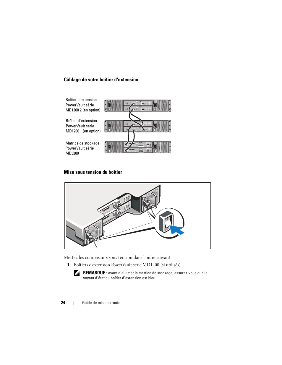 Câblage de votre boîtier d'extension, Mise sous tension du boîtier | Dell PowerVault MD3220 User Manual | Page 26 / 76