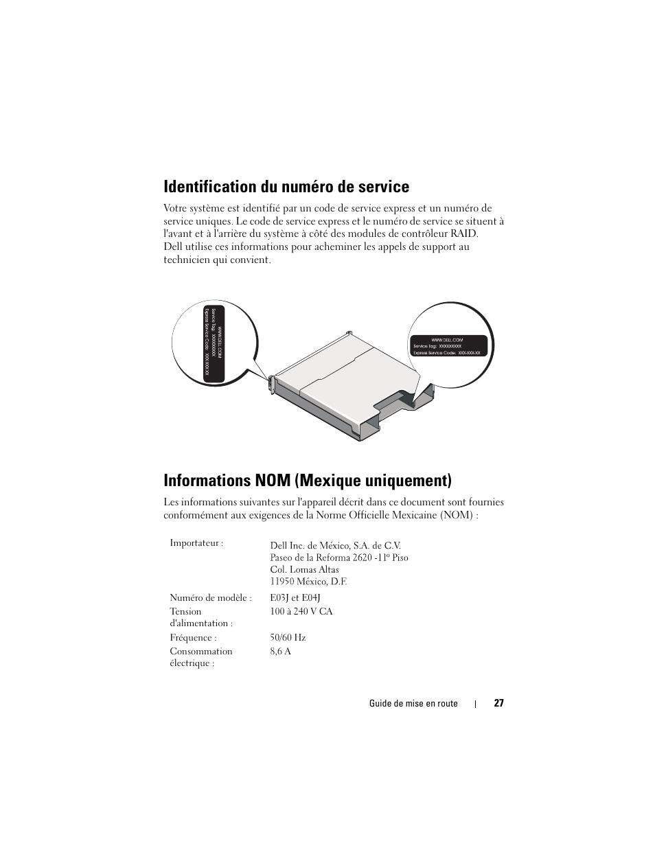 Identification du numéro de service, Informations nom (mexique uniquement) | Dell PowerVault MD3220 User Manual | Page 29 / 76