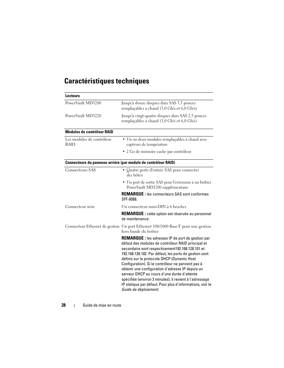 Caractéristiques techniques | Dell PowerVault MD3220 User Manual | Page 30 / 76