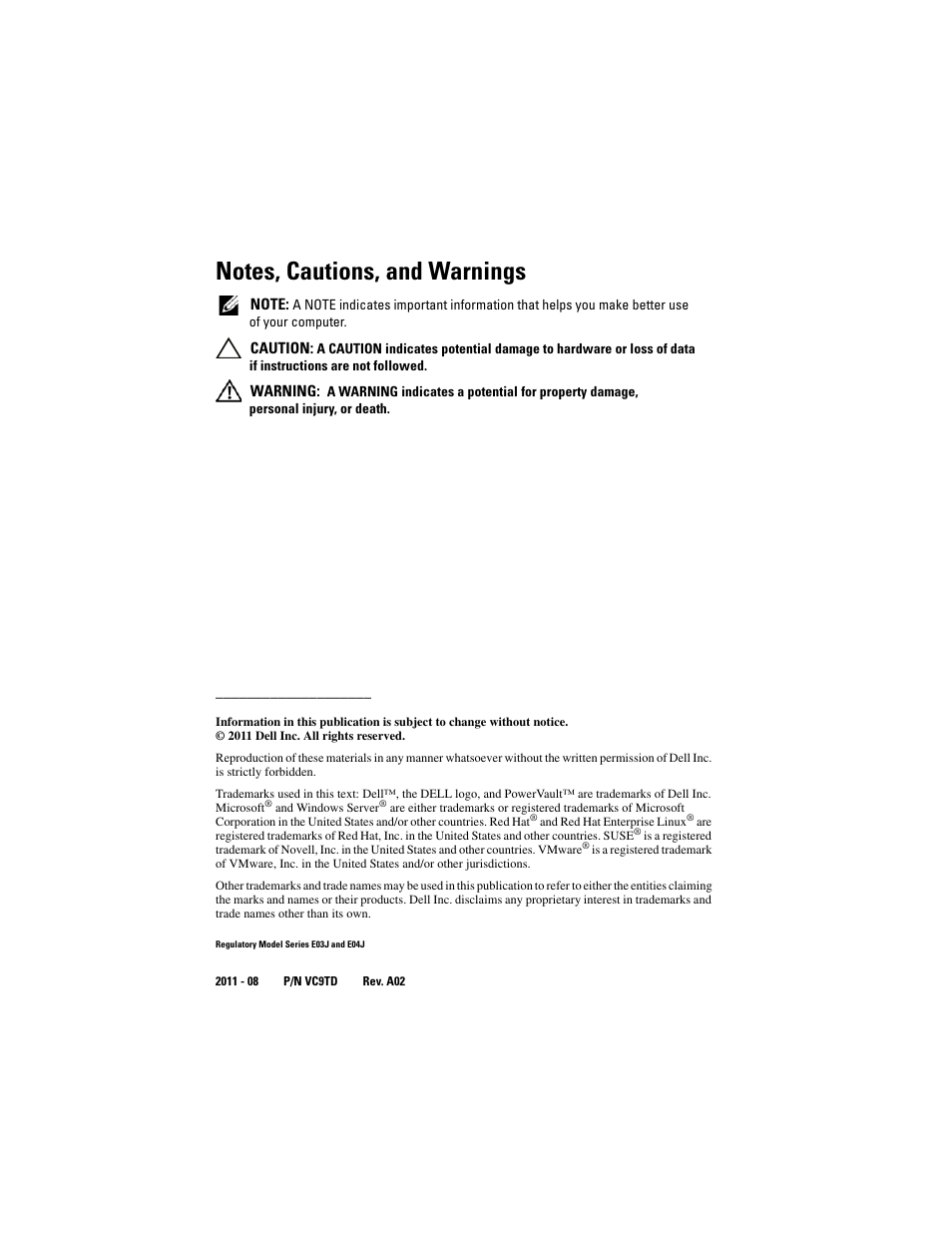 Notes, cautions, and warnings | Dell PowerVault MD3220 User Manual | Page 4 / 76