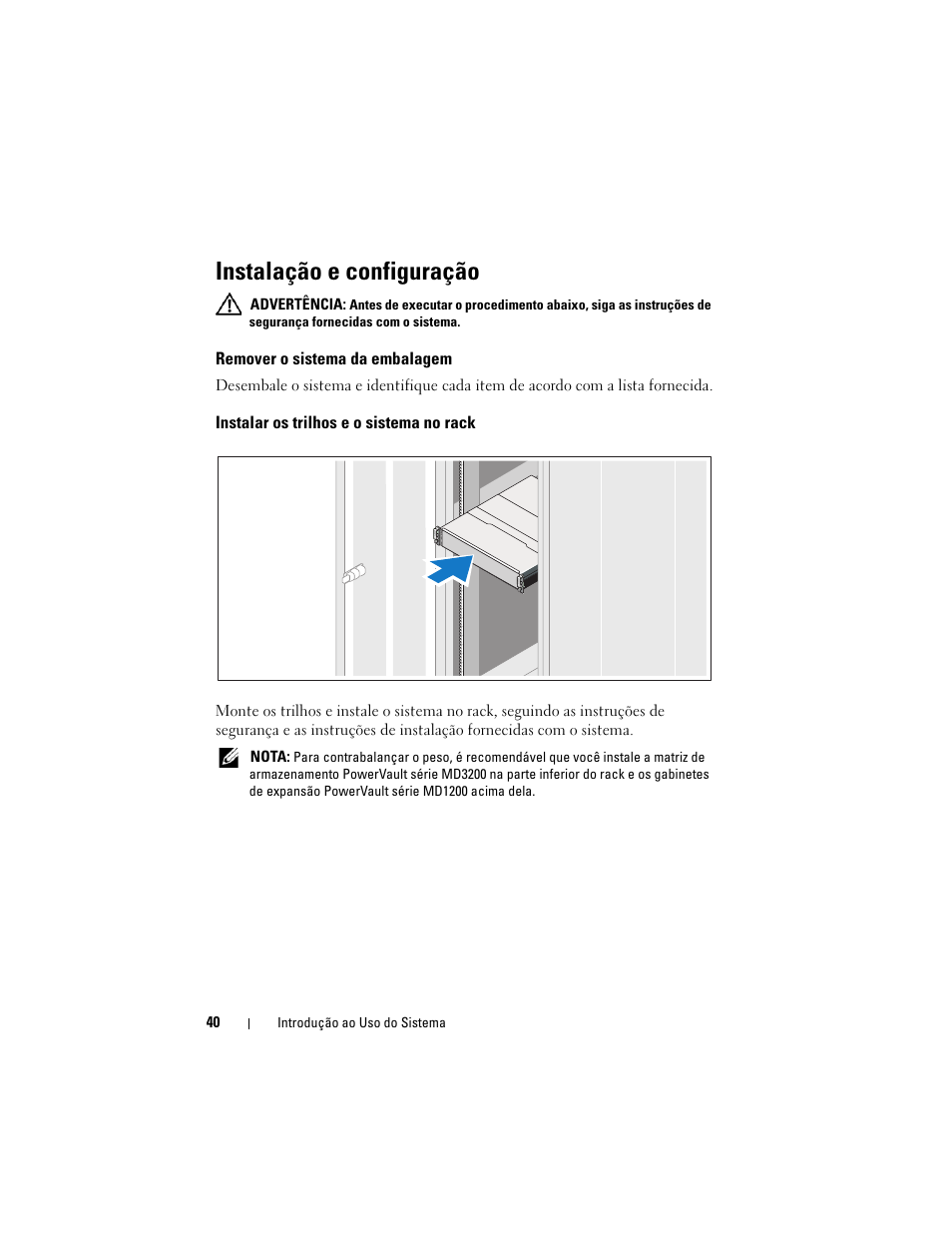 Instalação e configuração, Remover o sistema da embalagem, Instalar os trilhos e o sistema no rack | Dell PowerVault MD3220 User Manual | Page 42 / 76