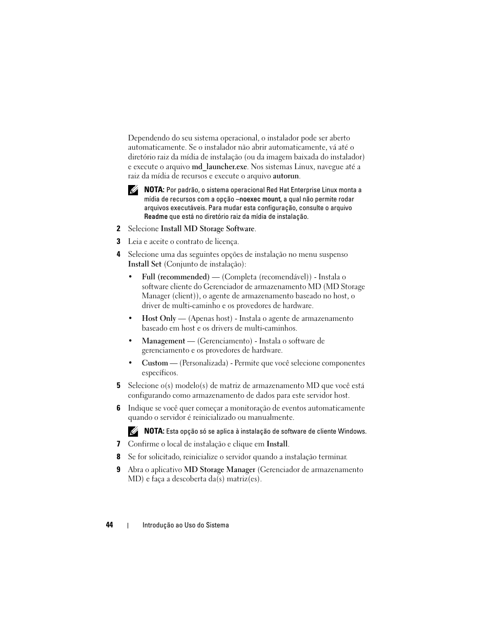 2 selecione install md storage software, 3 leia e aceite o contrato de licença | Dell PowerVault MD3220 User Manual | Page 46 / 76